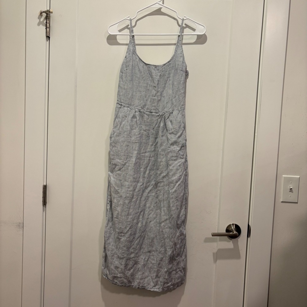 Quince Linen Striped Midi Dress Blue White Smocked Back XS